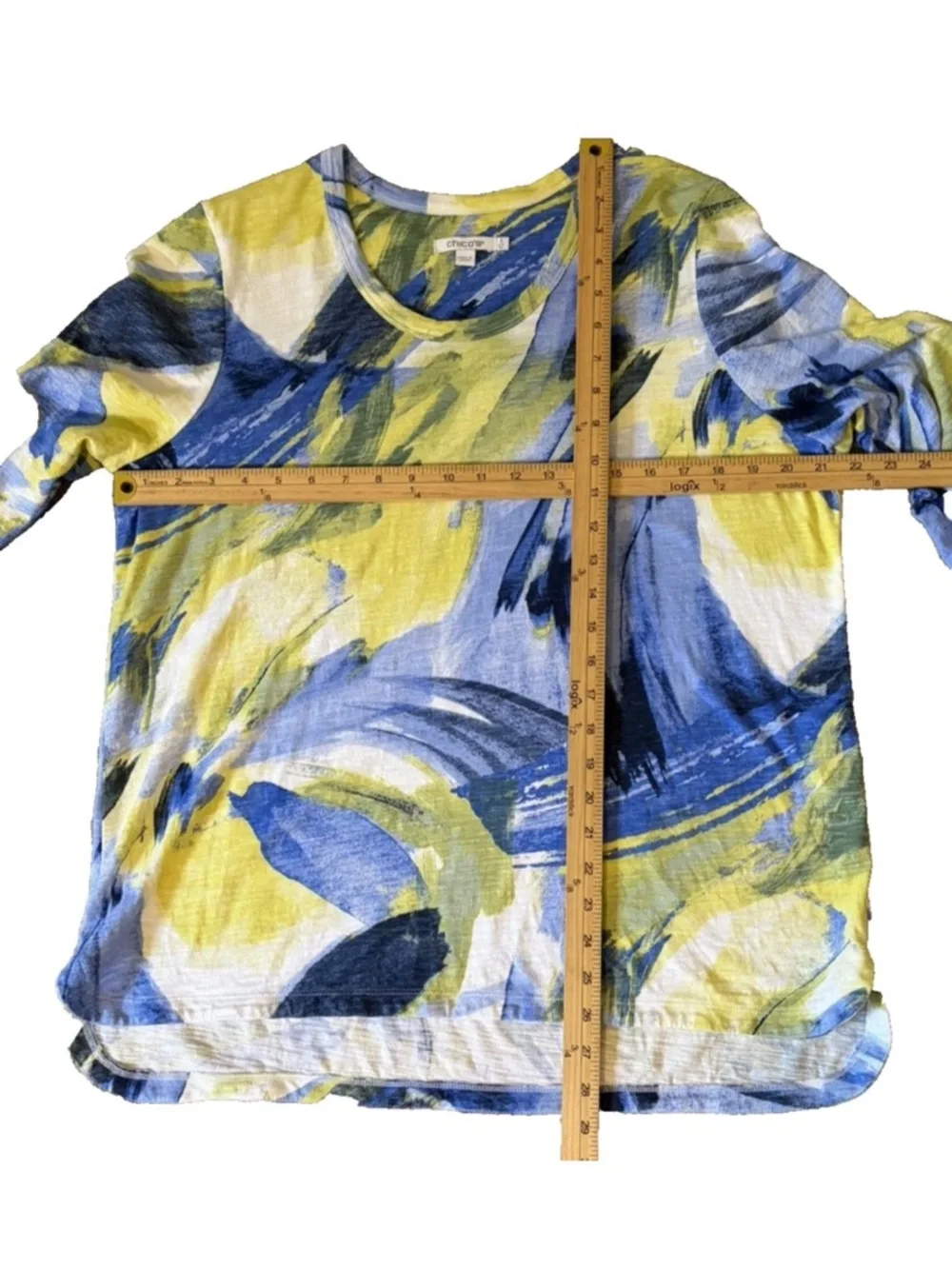 Chico's Watercolor Slub Scoop Neck Tee Luxuriously Top Soft Blue Yellow Sz 3 /XL - Picture 10 of 13